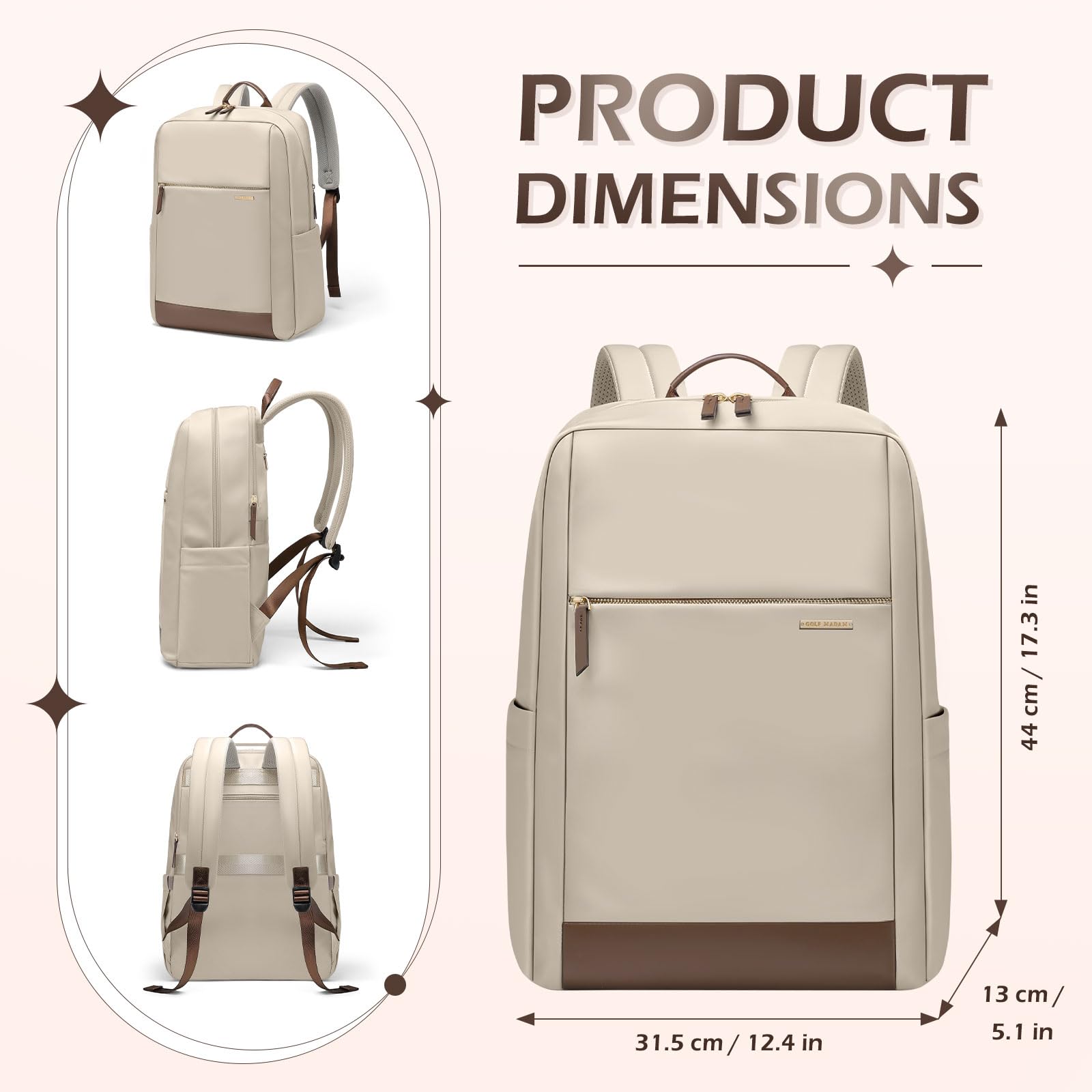GOLF SUPAGS Rugzak voor vrouwen, werk, college, reizen, laptoprugzakken, multifunctioneel, casual, dagrugzak, leraar, verpleegster, dagelijkse tassen, past 15,6 inch notebook (abrikoos