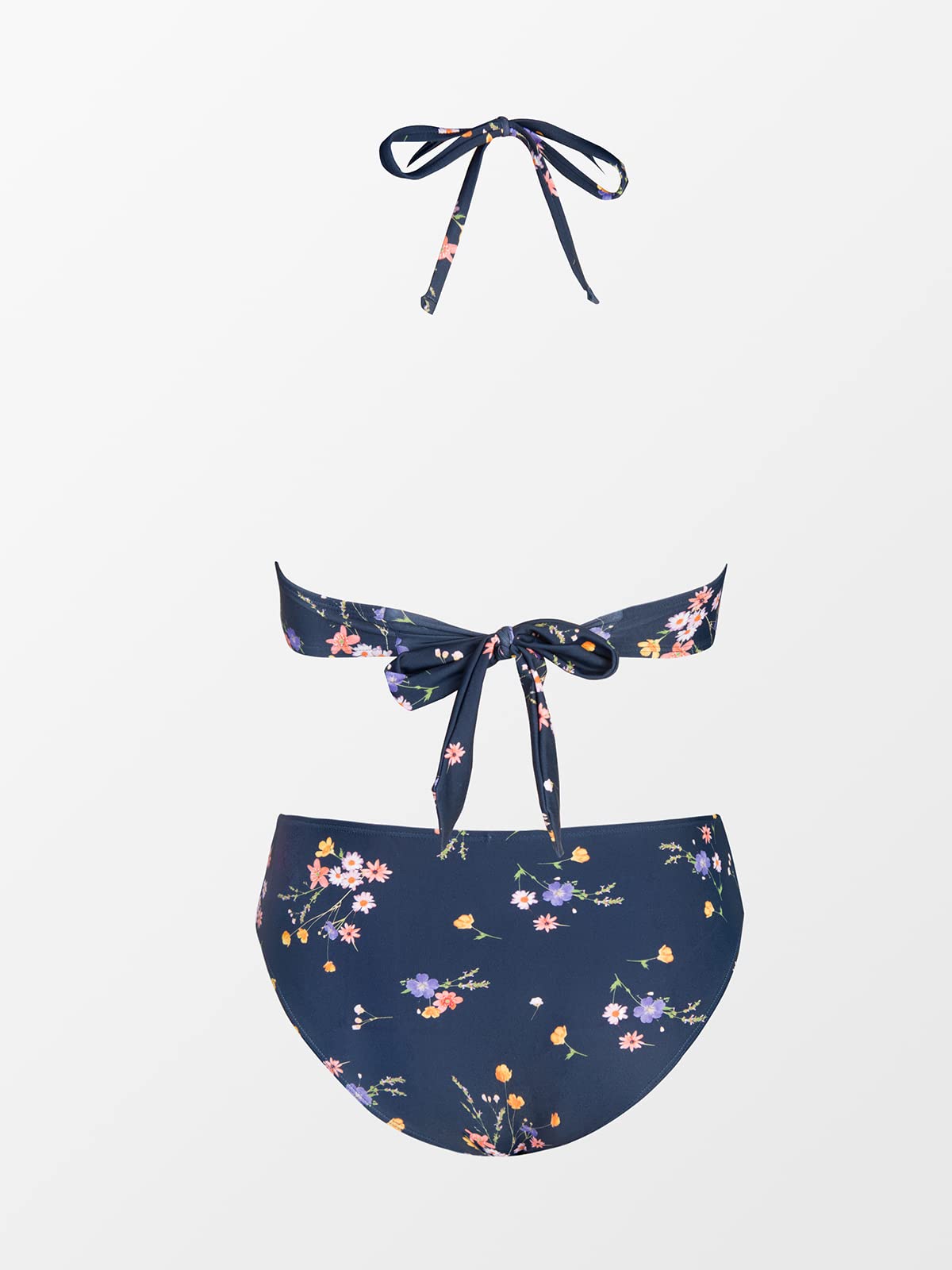 CUPSHE Ensemble bikini dos nu bandeau volants bretelles amovibles motif floral smocké maillot de bain deux pièces maillot de bain bleu marine floral XL