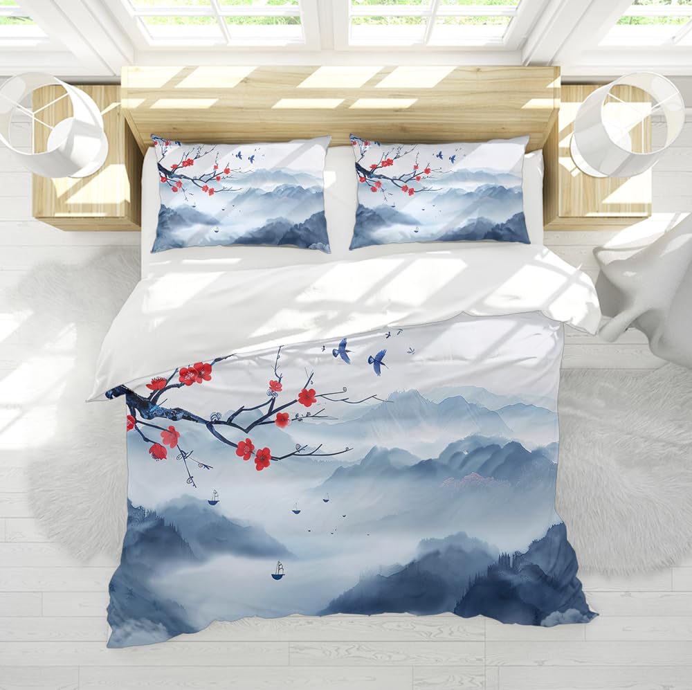 Housse de couette fleurs de cerisier 220x240 parure lit bleue doux