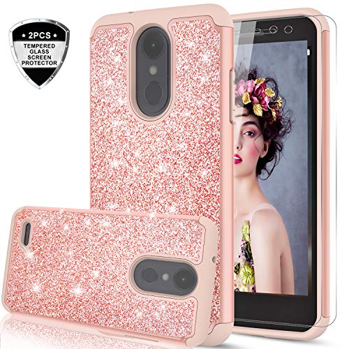 LeYi LG Aristo Case,LG Risio 2 Case,LG Phoenix 3 / Fortune/Rebel 2 LTE/ K8 2017 Case with Tempered Glass Screen Protector (2 Pack) for Girls Women, Glitter Protective Case for LG LV3 TP Rose Gold