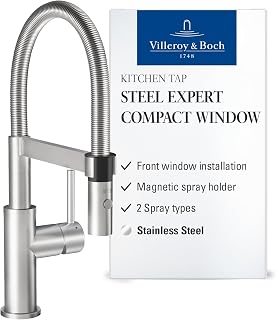 Villeroy & Boch Steel Expert Compact Window, grifo de cocina de alta presión con instalación en ventana y rociador magnético, flujo laminar, altura del caño 147 mm, acero inoxidable