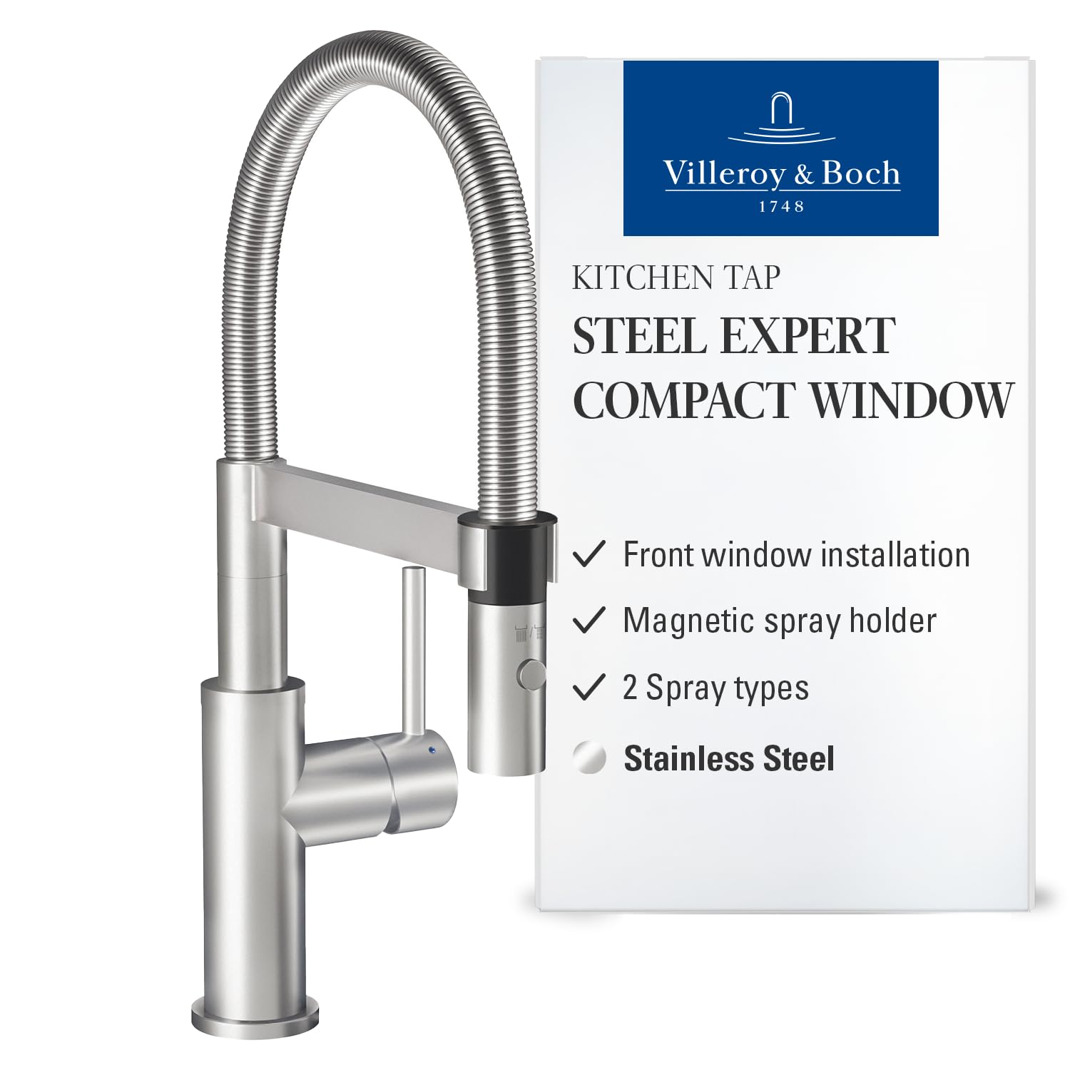 Villeroy & Boch Steel Expert Compact Window armatura kuchenna, wysokociśnieniowa, kran kuchenny z montażem przed oknem, oszczędność wody, wysokość wylewki 147 mm, masywna stal nierdzewna