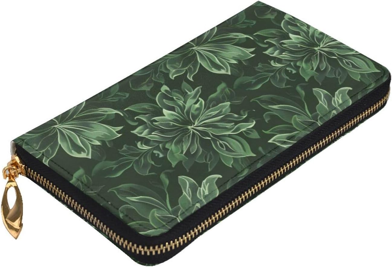 Women's Leather Wallet - Hunter Green Floral Petals Pattern Prints Coin Purse Travel Card Holder Zipper Purse Cell Phone Handbag