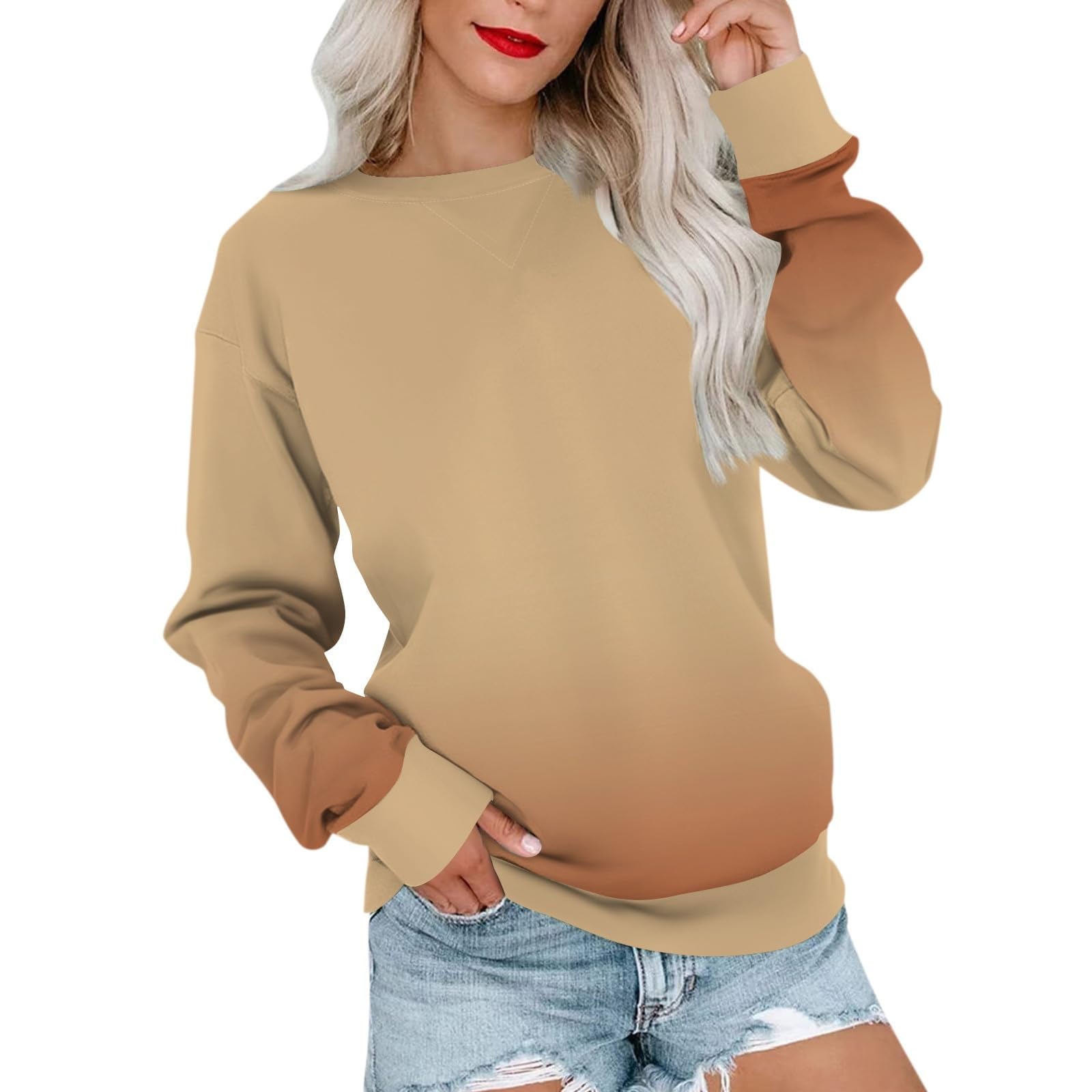 Sweatshirts for Womens Coulor Block Long Sleeve Casual Athletic Loose Pullover for Women Fashion Tops