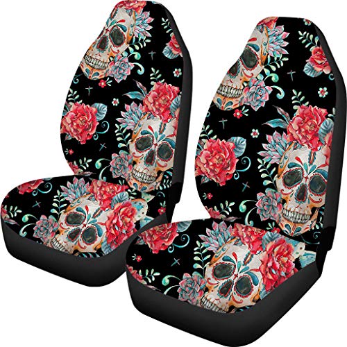 candy skulls seat covers - JEOCODY Floral Skull Sweet Candy Bone Halloween Style Car Front Seat Covers Saddle Blanket Elastic Universal Size for Cars, Sedan, SUV, Van, Truck