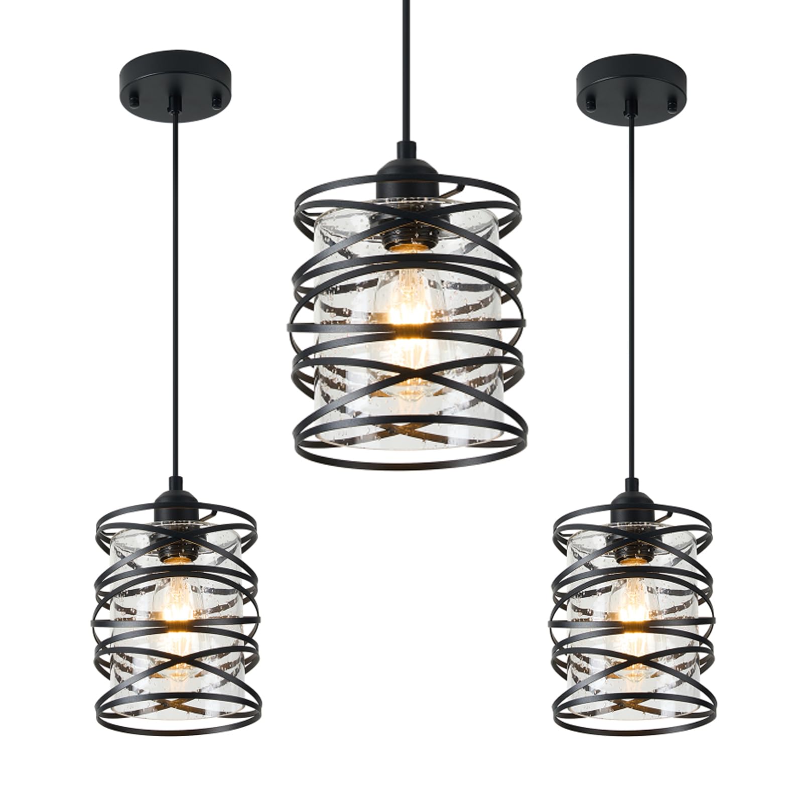 LAMKNVS 3-Pack Spiral Glass Pendant Lights Kitchen Island Mini Black Pendant Light Modern Metal Cage Handblown Seeded Glass Ceiling Hanging Lamp