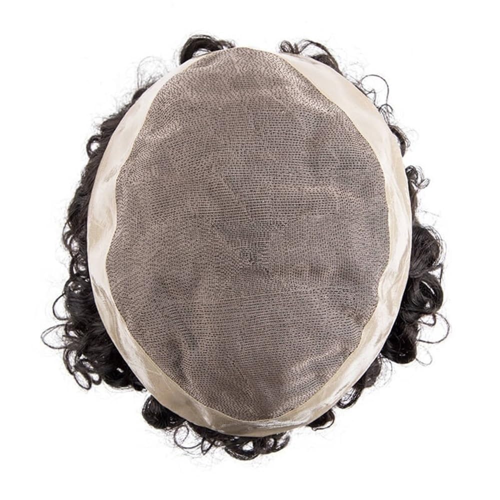 Men's Toupee Protesi for capelli maschili in PU da 20 mm, con pelle attorno ai capelli umani, toupet riccio for uomo, mono superiore(#1B,8x10)