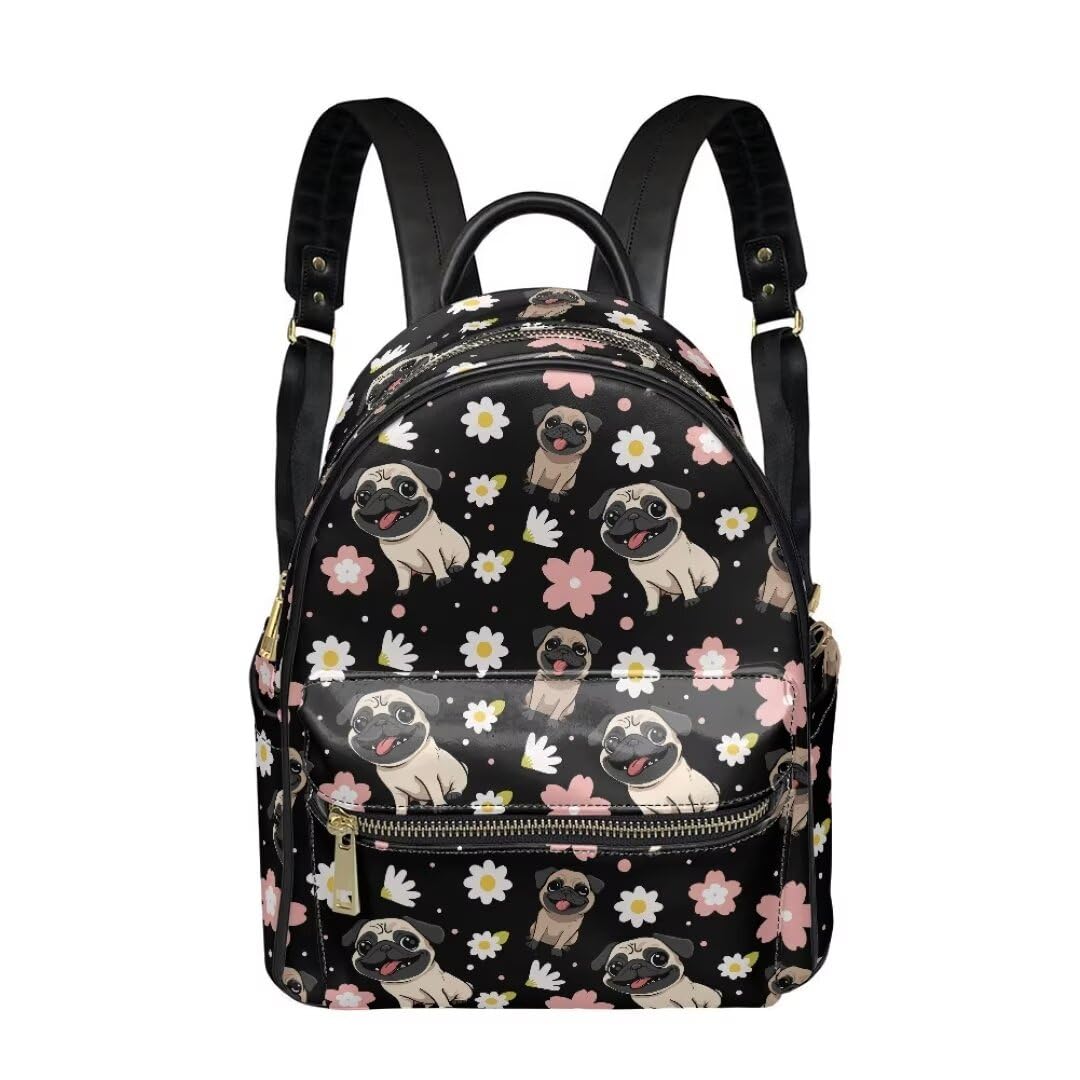 Coldinair Pug Daisy Small Backpack for School Girls Boys Aesthetic Lightweight Travel Daypack Backpack PU Leather Shoulder Bag Top Handle Mini Backpack with Multiple Pockets