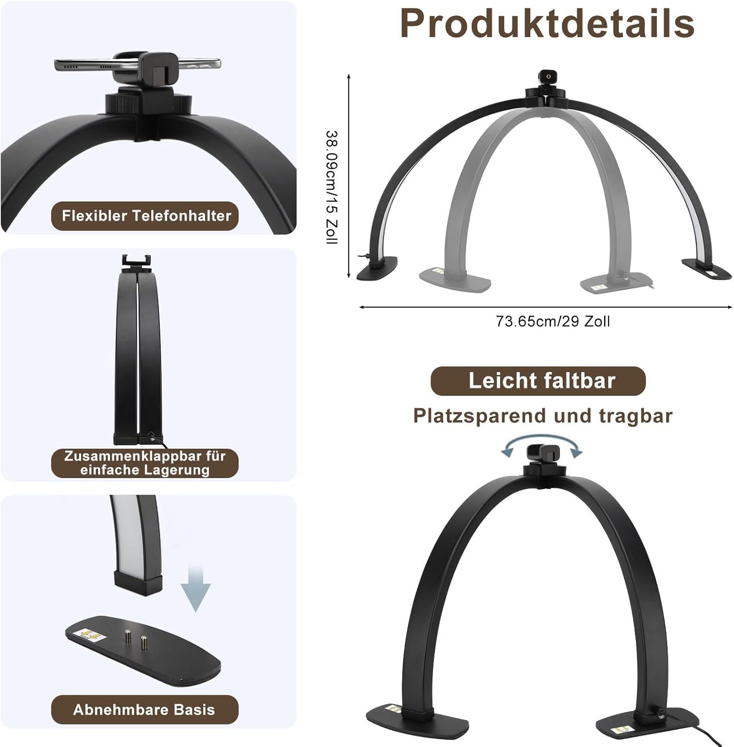Product details showing flexible phone holder, foldable design, and detachable base