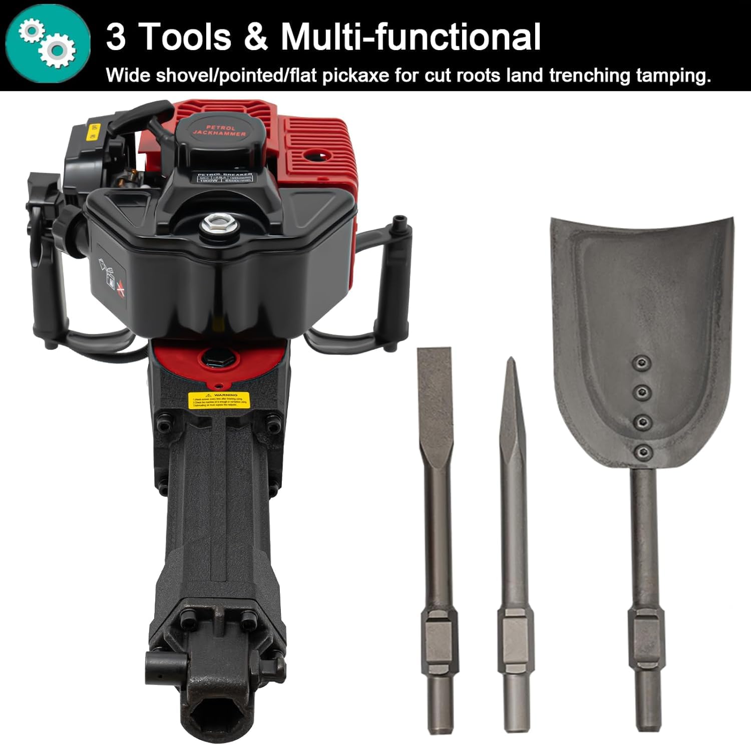 Benzin Gartenbaumgräber 52cc 2 Stroke - Benzin Erdlochbohrer 1500 mal/min Baumpflanzschaufel 1,3L Tank Pfostenlochgräber 1900W Grabmaschine Handbagger Post Hole Digger Hand-Grabenfräse Handhel