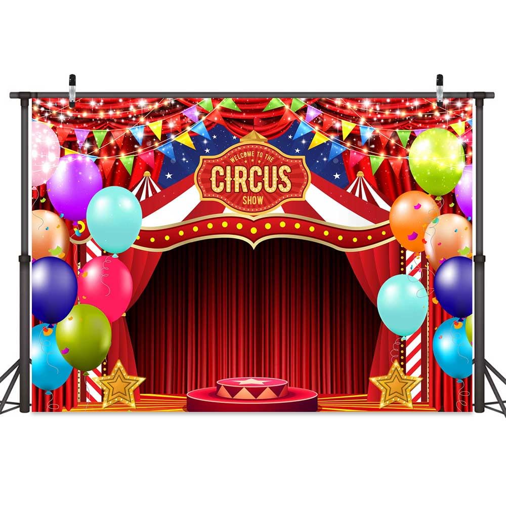 3,4 x 2,4 m sfondo rosso circo banner benvenuto al carnevale fondali fotografia circo tema bambini compleanno palloncino ritratto torta tavolo Decor Photo Booth puntelli studio fotografico sfondi foto