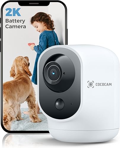 COCOCAM Cámara de seguridad 2K para interiores con batería de 5200 mAh, cámara WiFi, inalámbrica para monitor de bebémascotaseguridad en el hogar,