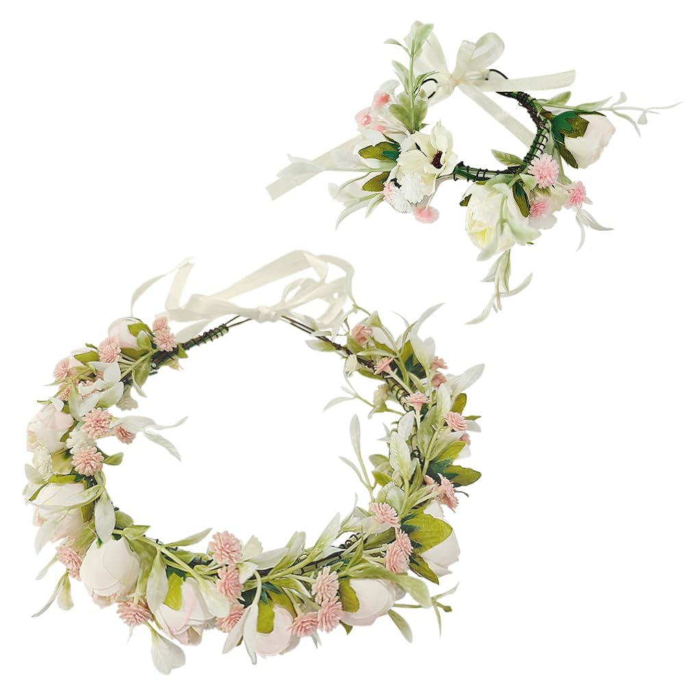 Corona de Flores Mujer,Flor Diadema,Coronas de Flores para Niñas,Flor Corona Diadema,Diadema de Flores Para Dama de Hono,Con Pulsera,Corona Para Boda Mujer (D)