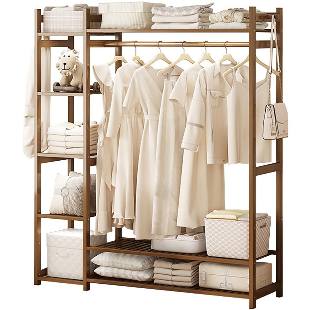 POLGDW Bamboo Clothes Rack with 5 Shelves Independent Garment Bar Max Load 100kg Perfect for Dresses Shoes & Hats Ideal for Bedroom nization and Storage.