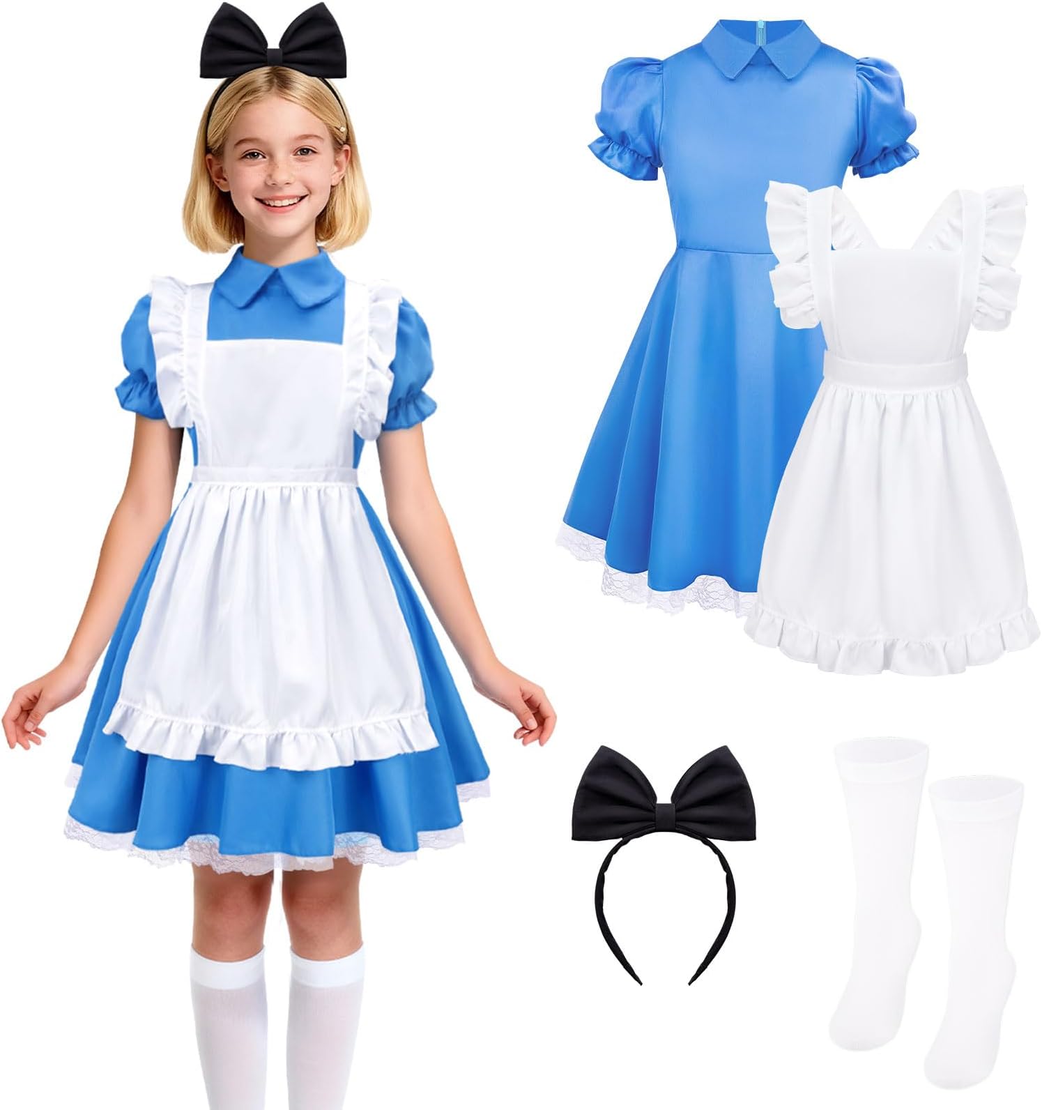 Halloween Costumes for Girls Blue Princess Dress with White Apron, Bow Headband and Socks