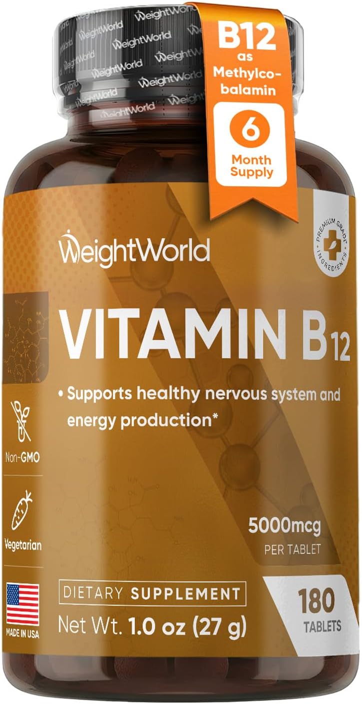 WeightWorld B12 Vitamin 5000mcg | 6-Month Supply | B12 Methylcobalamin for Healthy Nervous System & Energy Production (180 Tablets) | Vegetarian B12 Vitamins for Women & Men, Non-GMO, 1-a-Day