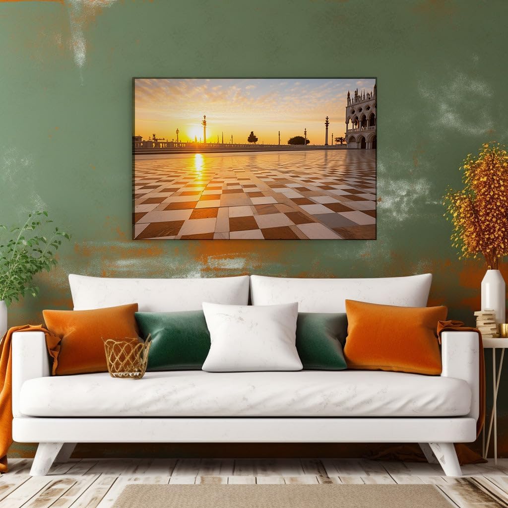 Canvas for Living room. Dawn's Golden Embrace: A Serene Courtyard Sunrise Amidst Majestic Columns, 27 x 18 inch Canvas Wall Art - Contemporary Masterpieces - Modern Home Decor