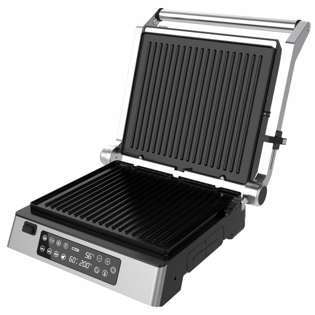 FlamePro - Barbacoa de contacto con sensor de temperatura externo, 8 programas, plancha antiadherente, 2200 W, placas desmontables, parrilla eléctrica para asar sin grasa