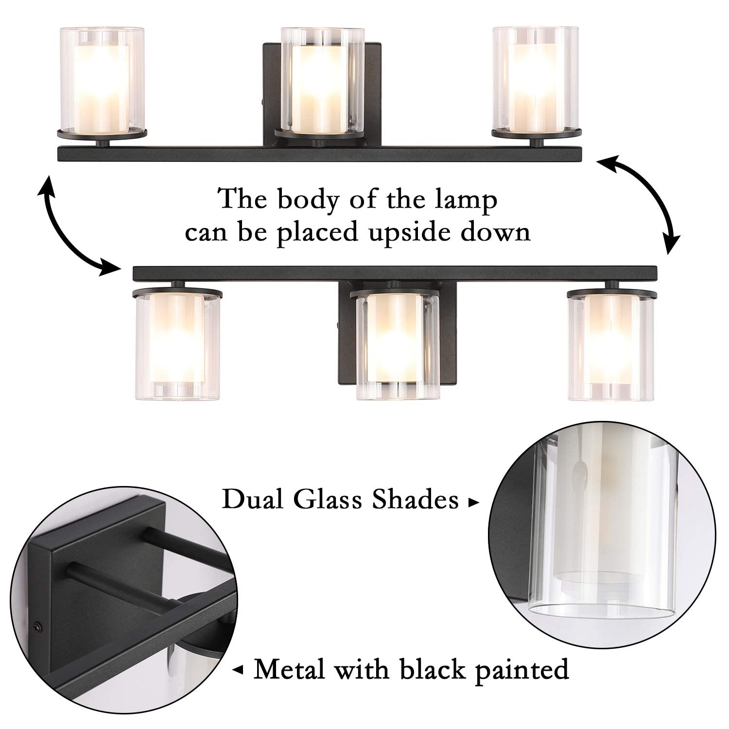 Lampada toeletta Nera 3 luci paralumi in Vetro Applique Parete 17,9 "Pollici Applique Parete in Bagno Lampade Parete Moderne Bagno Vinta Specchio