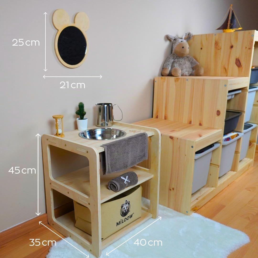 Lavabo Montessori per Bambini in Legno (40x35x45 cm) con Specchio Orsetto, Clessidra, Asciugamano e Cestino – Autonomia, Igiene e Apprendimento per Cucina e Bagno