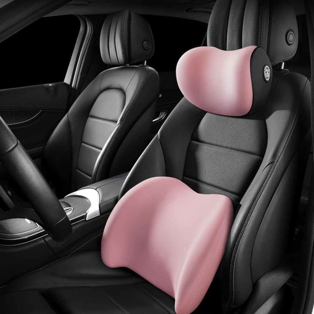 Car Lumbar Support Pillow and Car Neck Pillow Kit, Car Pillow, Lumbar Support Pillow for Car, Ergonomic Car Seat Headrest & Lumbar Cushion with Adjustable Strap for Neck Back Pain Relief (Pink)