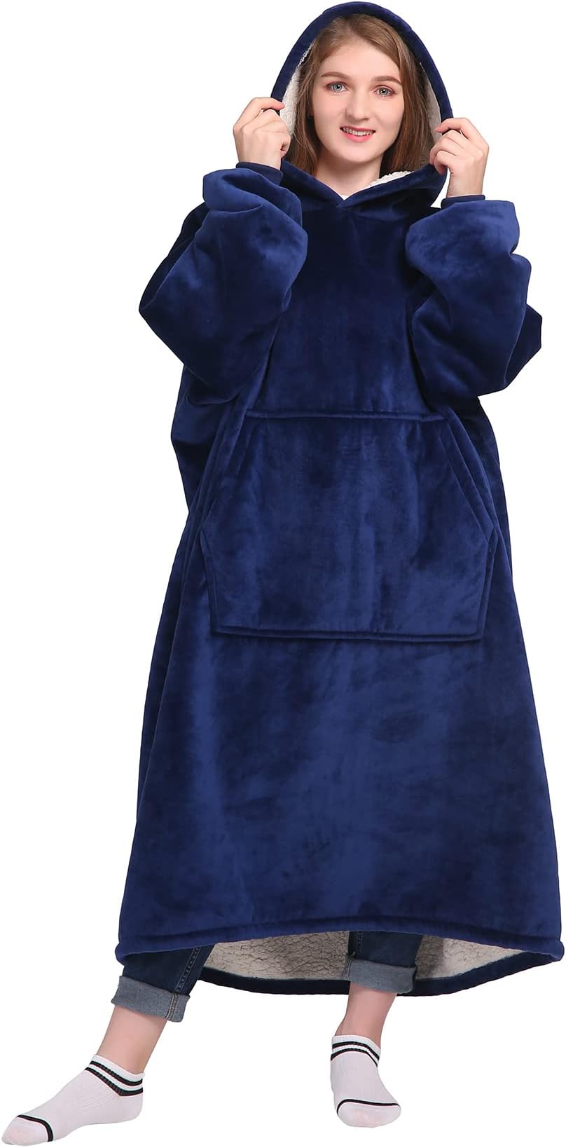 Oversized Wearable Blanket Sweatshirt Gifts for Women and Men, Soft Sherpa Blanket Hoodie with Sleeves and Pocket, Warm Body Blanket Robe - Navy