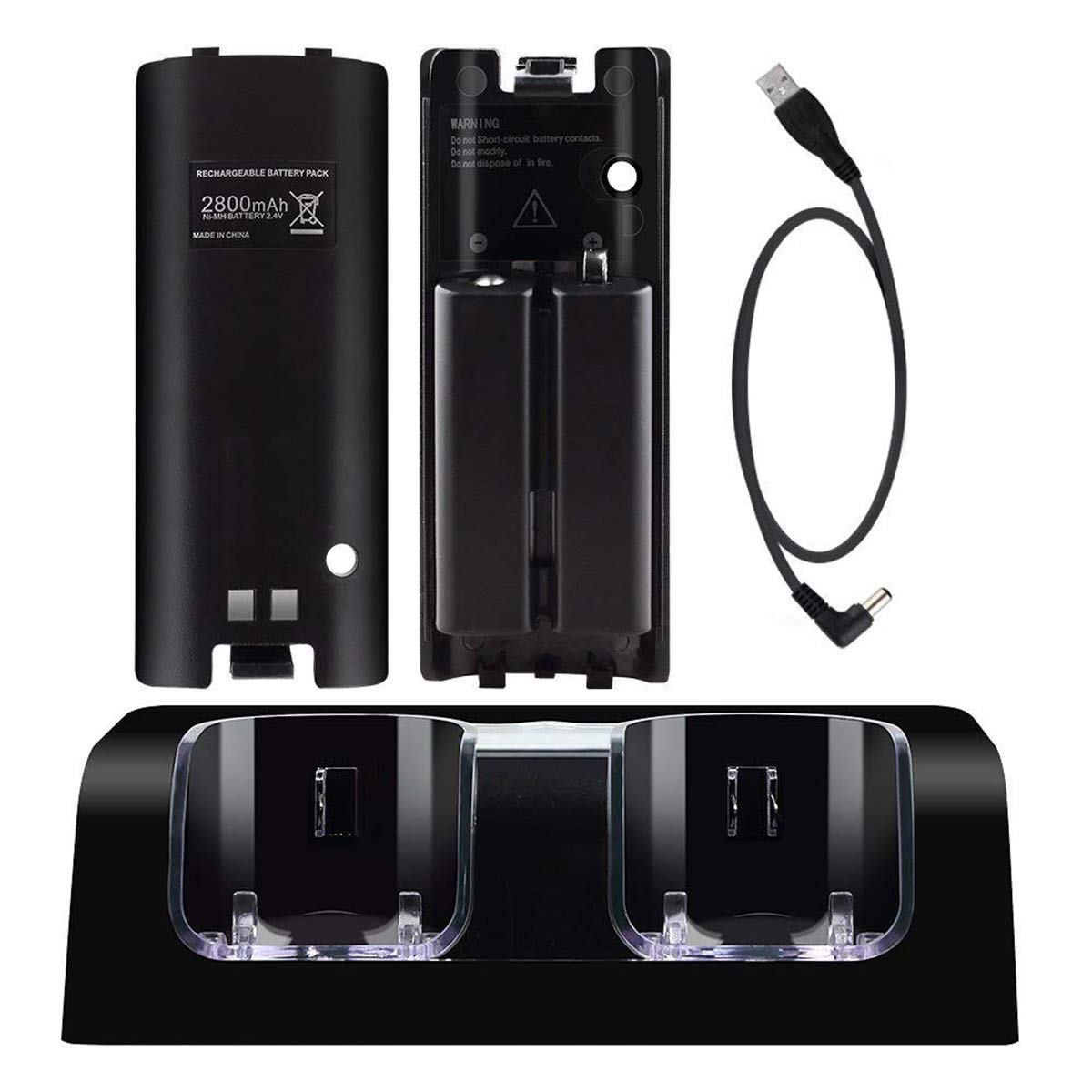 Station de Recharge 2-en-1 pour Deux manettes Wii avec 2 Batteries, Noire | 2 batteries rechargeables de 2800 mAh, charge automatique et simultanée, conçue pour les télécommandes de jeu Wii