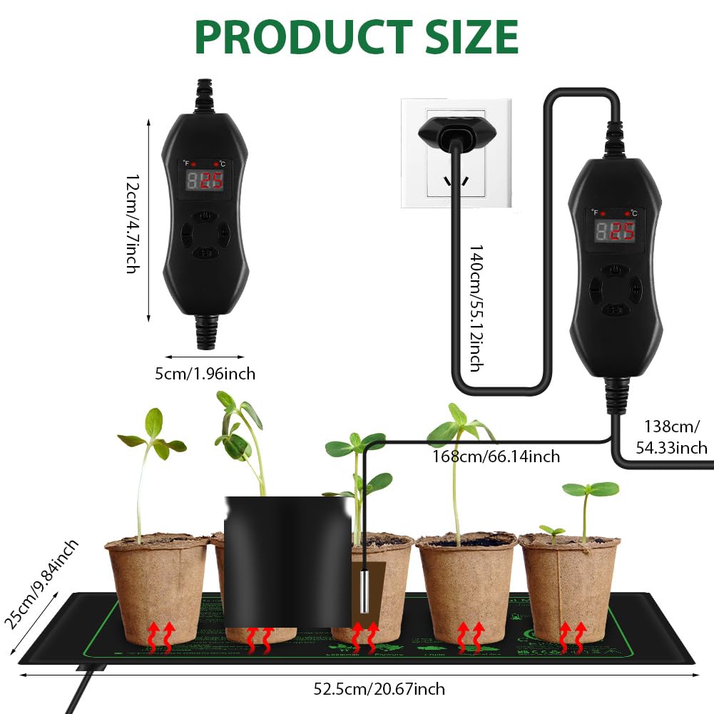 AOOWU Almohadilla Térmica para Plantas, Estera Calefactora Ajustable, Alfombrilla de Calentamiento IPX4 Impermeable, 50W Manta Termica Planta de Invernadero para Germinación de Plántulas, 52.5 x 25 cm