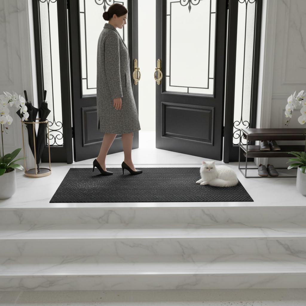 COMPOLICY Door Mat 90x120cm, Non Slip Washable Indoor Outdoor Door Mats, Dirt Trapper Floor Mat with TPE Backing, Edge-Free Grey Doormat for Oversized Entrance, Garage Doorway