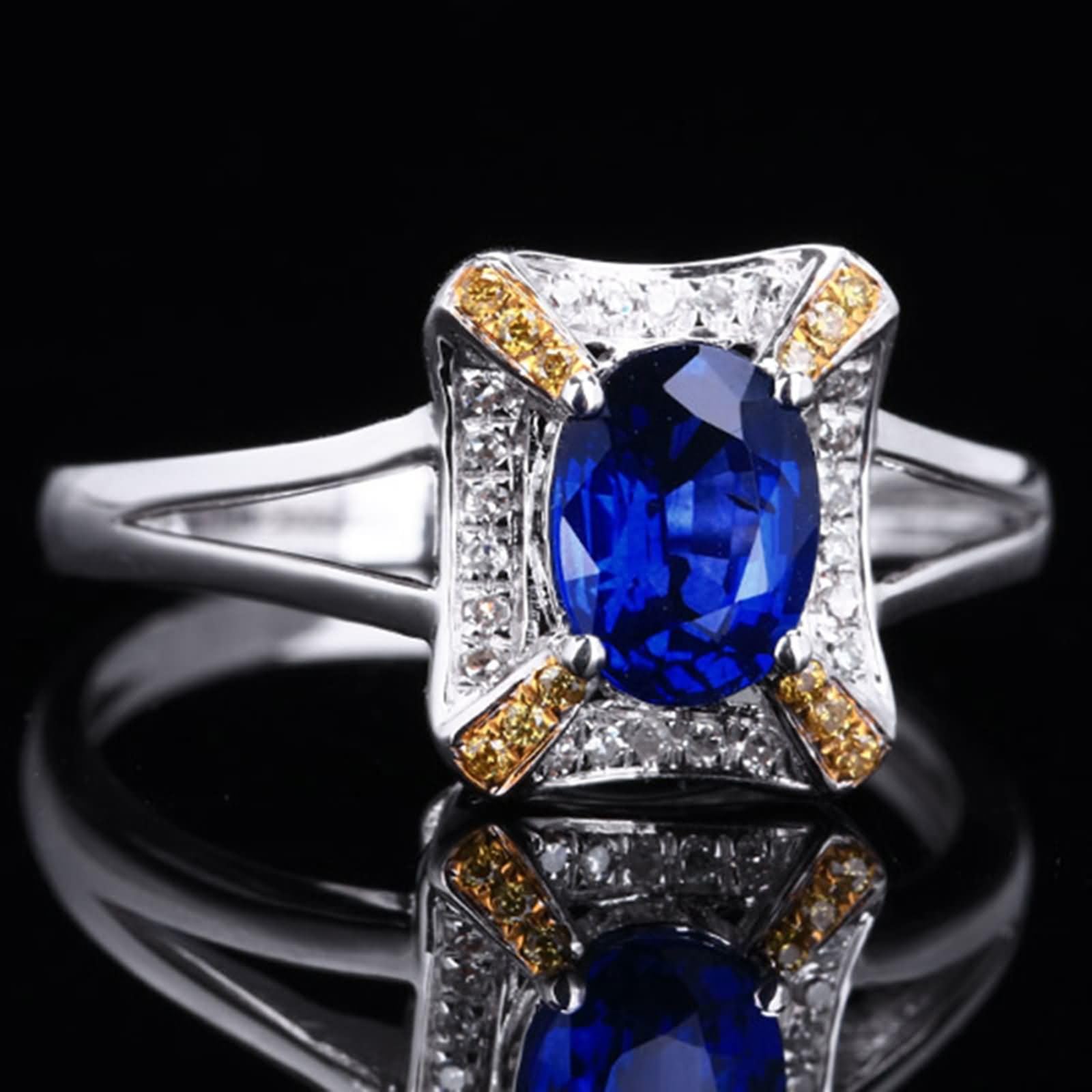Anillo Compromiso Oro Blanco de 9 Kilates / 14 Kilates / 18 Kilates para Mujer, Rectángulo y Oval con Zafiro Creado de 1.1ct y Moissanita, Anillo de Alianza Mujer Plata Azul