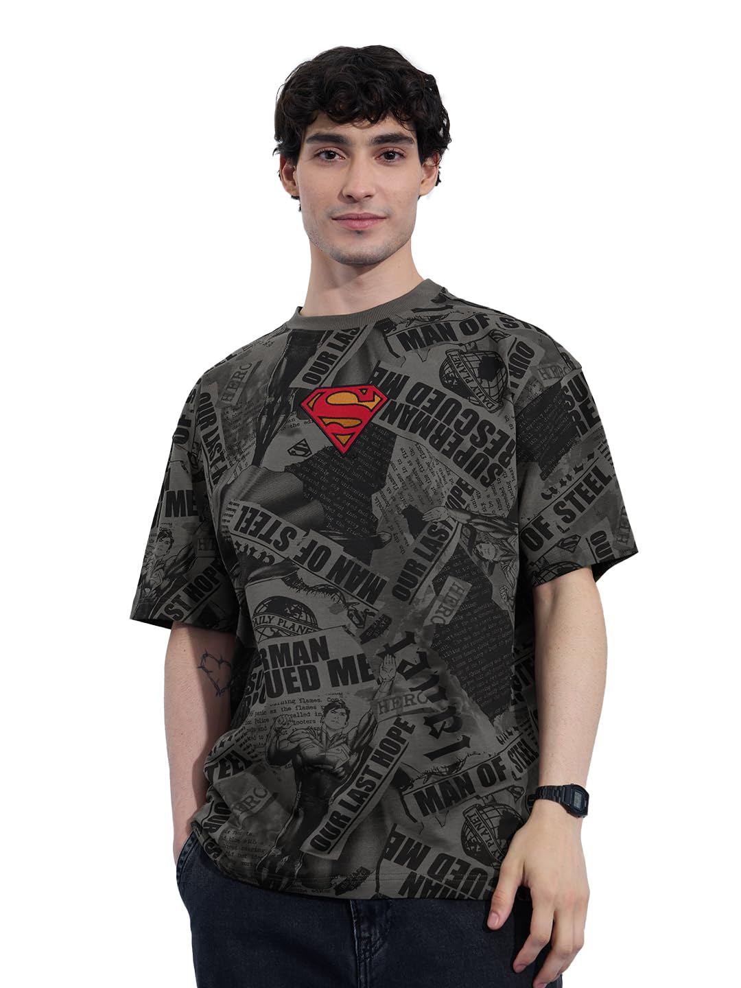 the souled store Superman: Men and Boys Short Sleeves Round Neck Grey Embroidered Cotton Oversized T-Shirts-picture-10