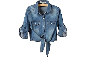Camisa vaquera corta de manga 3/4 para mujer con nudo de corbata