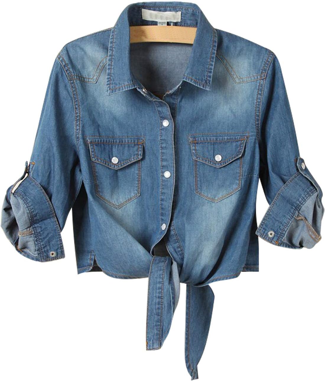 PUWEI Women's Denim Shirts Casual Button Up 3/4 Sleeve Tie Front Jean Crop Tops