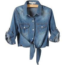 PUWEI Womens Denim Shirts Casual Button Up 3/4 Sleeve Tie Front Jean Crop Tops