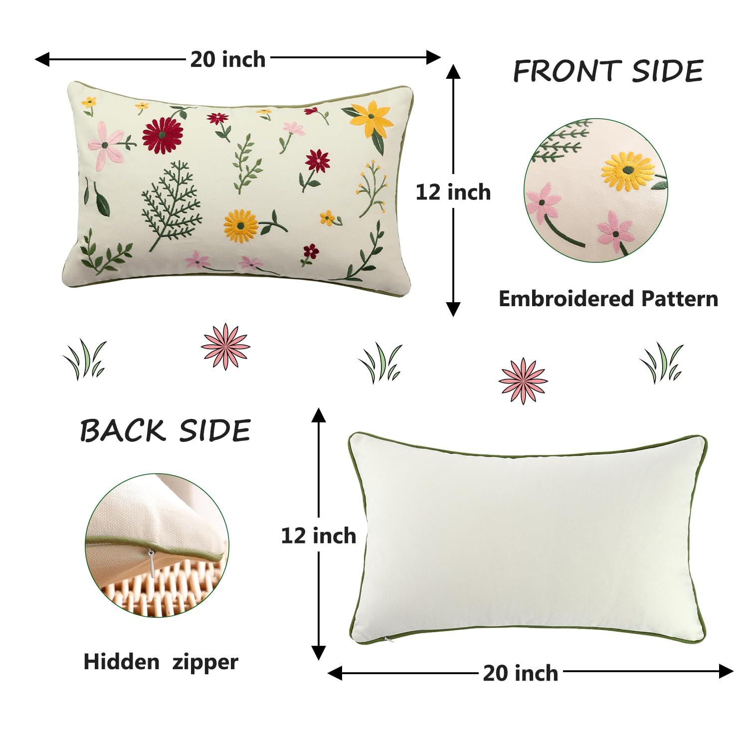 Taies D'Oreiller Brodées TOSLEO - Lot De 2 | 30x50 Cm | Design Fleur Rouge Et Feuille Vert | Déco Maison