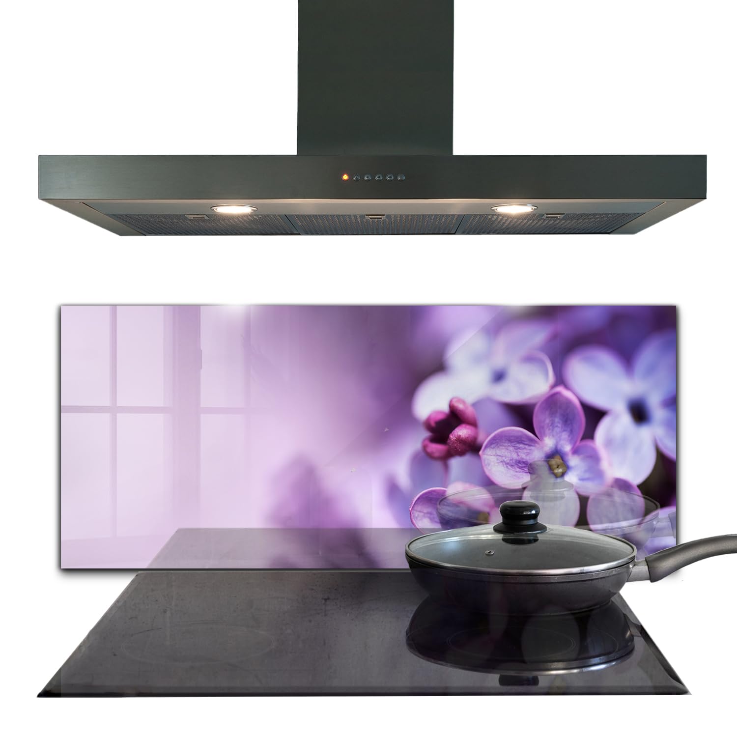 Panneau de cuisine en verre trempé Wallfluent fleurs pourpres haut de gamme