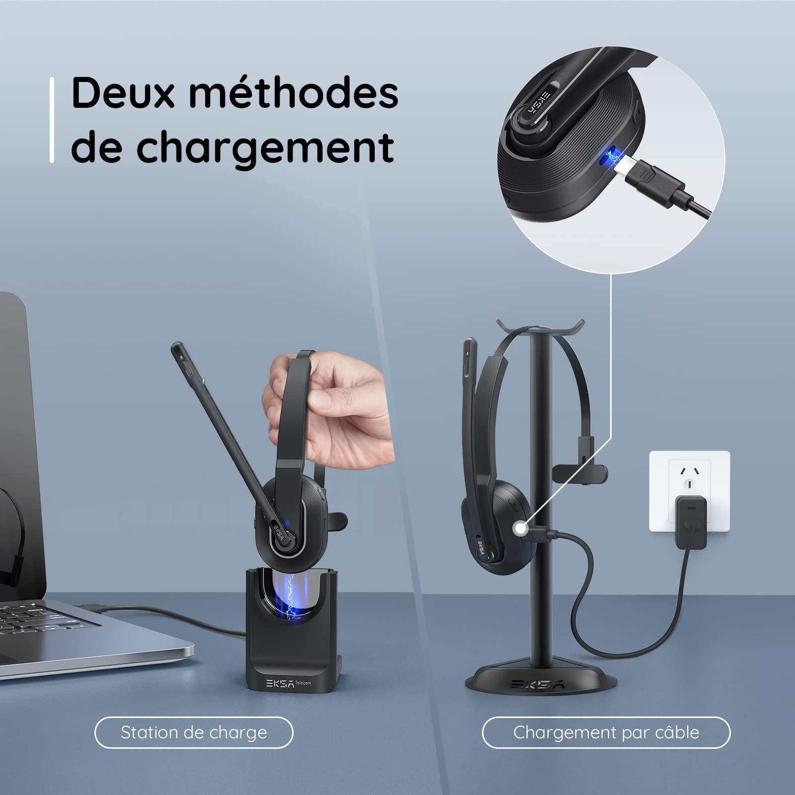 EKSA H5 Casque Bluetooth avec Micro & Dongle USB [45 Heures de Temps de Lecture et Portée de 10 m] Casque PC Mono avec Station de Charge et à Réduction de Bruit AI Mic, Casque sans Fil pour Bureau