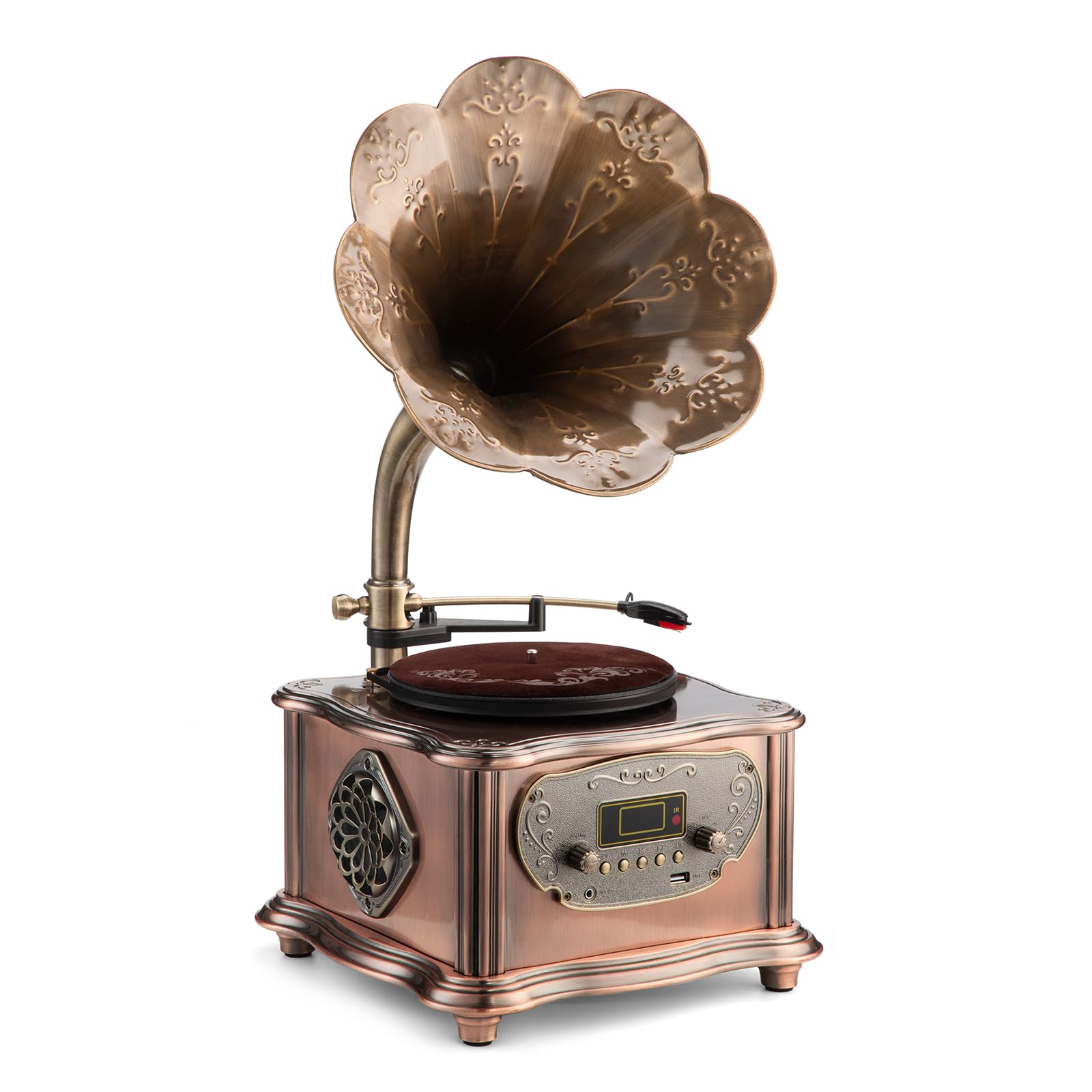 Retro gramophone, three-speed vinyl record player, equipped with stereo speakers, Bluetooth function, FM radio, can be operated by remote control.