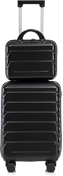 20" Carry On Luggage & 14" Mini Cosmetic Cases Travel Set| Hardshell Lightweight Travel Suitcase with Spinner Wheels, Combination Lock, Adjustable Telescopic Handle | ABS Material Black