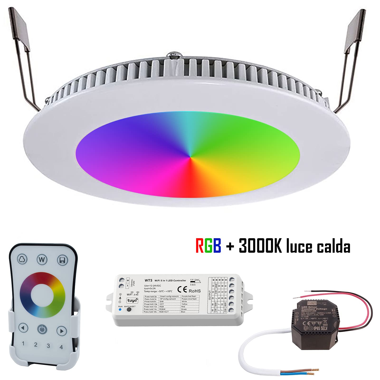 Planetitaly KIT cromoterapia faretto incasso pannello slim LED 8W RGB 3000K multicolore 24V WiFi telecomando box doccia controllo vocale APP smartphone foro 13cm