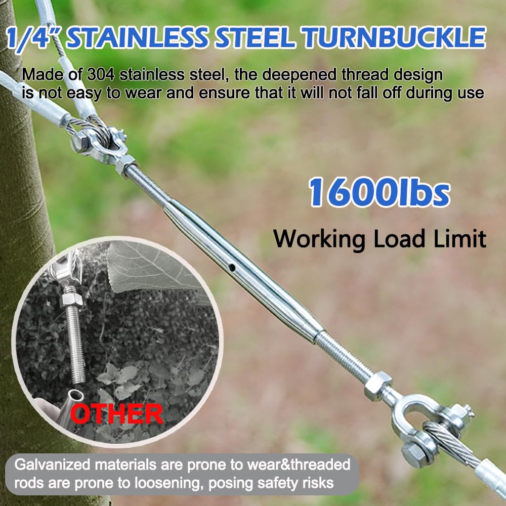 Tenditore in acciaio inox 304, 1/4" (M6), limite di carico di lavoro di 1500 kg, tenditori a ganascia e ganascia per cavi, vela ombreggiante, tensione fune, vite di sartiame