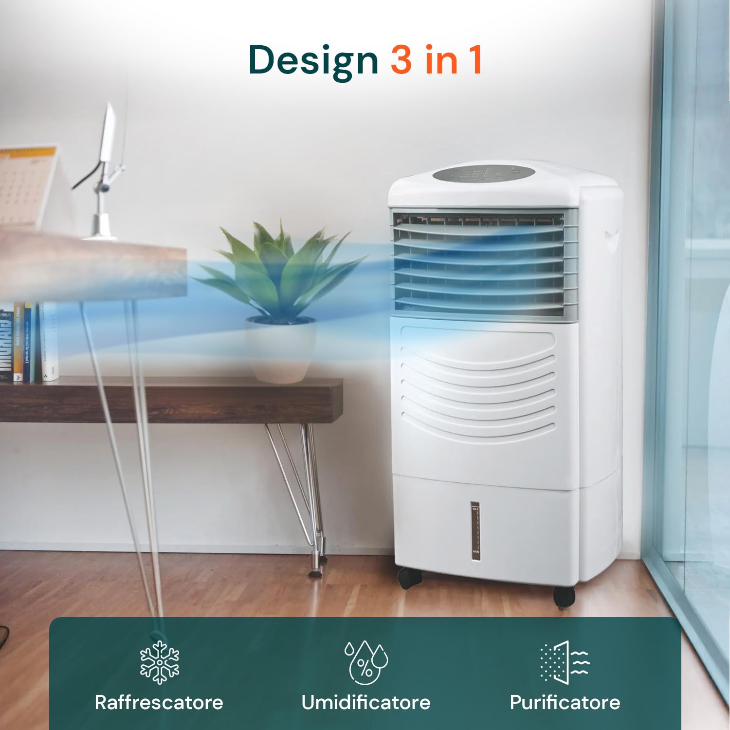 Wintem Raffrescatore d'Aria 3 in 1 con Serbatoio da 11L, Umidificatore e Purificatore, Timer 7,5h e Funzione Swing, Ideale per Ambienti Interni, Facile da Usare e Trasportare, Basso Consumo Energetico