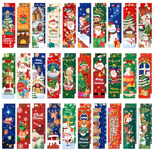 MWOOT 30 Pieces Christmas Paper Bookmarks Double-sided Page Clips with Santa Claus Design Creative Xmas Reading Paper Cards for Book Lovers Student Classroom Rewards Party Favors Gift Bag(15x4CM)