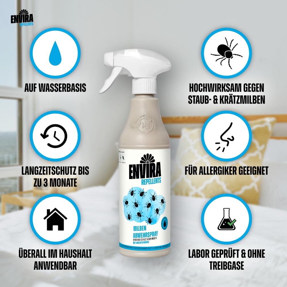 Envira Milben Abwehrspray 500 ml + 5 Liter - Spray mit Langzeitwirkung gegen Milben & Hausstaubmilben - Milbenschutz für Matratzen - Mittel gegen Milben in der Wohnung