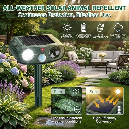 Image of Animal Repellent Outdoor & Sonic Deer Repellent Devicesfor Plants | Motion-Activated Ultrasonic Deer Cat Raccoon Deterrent with Flashing LED, 110 PIR, 30 ft Range for Yard Garden, 4 Pack