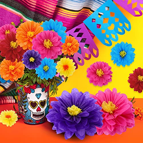 Geyee 108 Pcs Mexican Paper Flowers Colorful Fiesta Tissue Paper Flowers Pom Poms Mexican Carnival for Floral Party Backdrop Wedding Birthday Party Craft (6\" 8\" 10\")