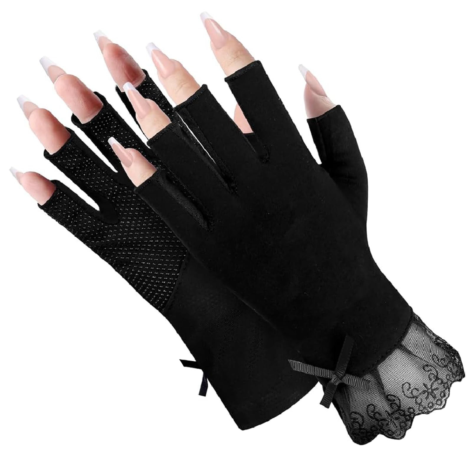 THMINS UV Lace Gloves for Nails, Protection Gloves for Gel Manicure, Fingerless U V Light Gloves for Gel Nail Lamp Anti U V Gloves for Women (Black)