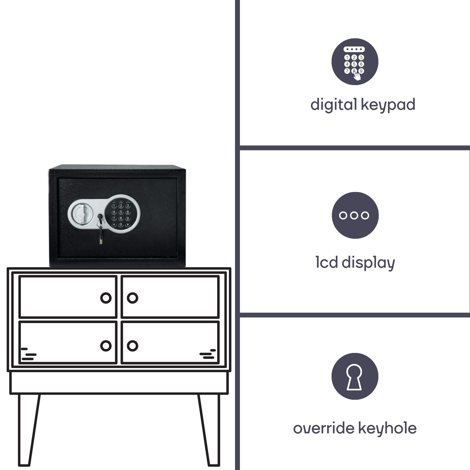 Perel Caja fuerte electrónica con código digital y llave de emergencia, caja de seguridad de acero espaciosa con interior acolchado, mini caja para joyas, documentos y dinero, 20x31x20 cm