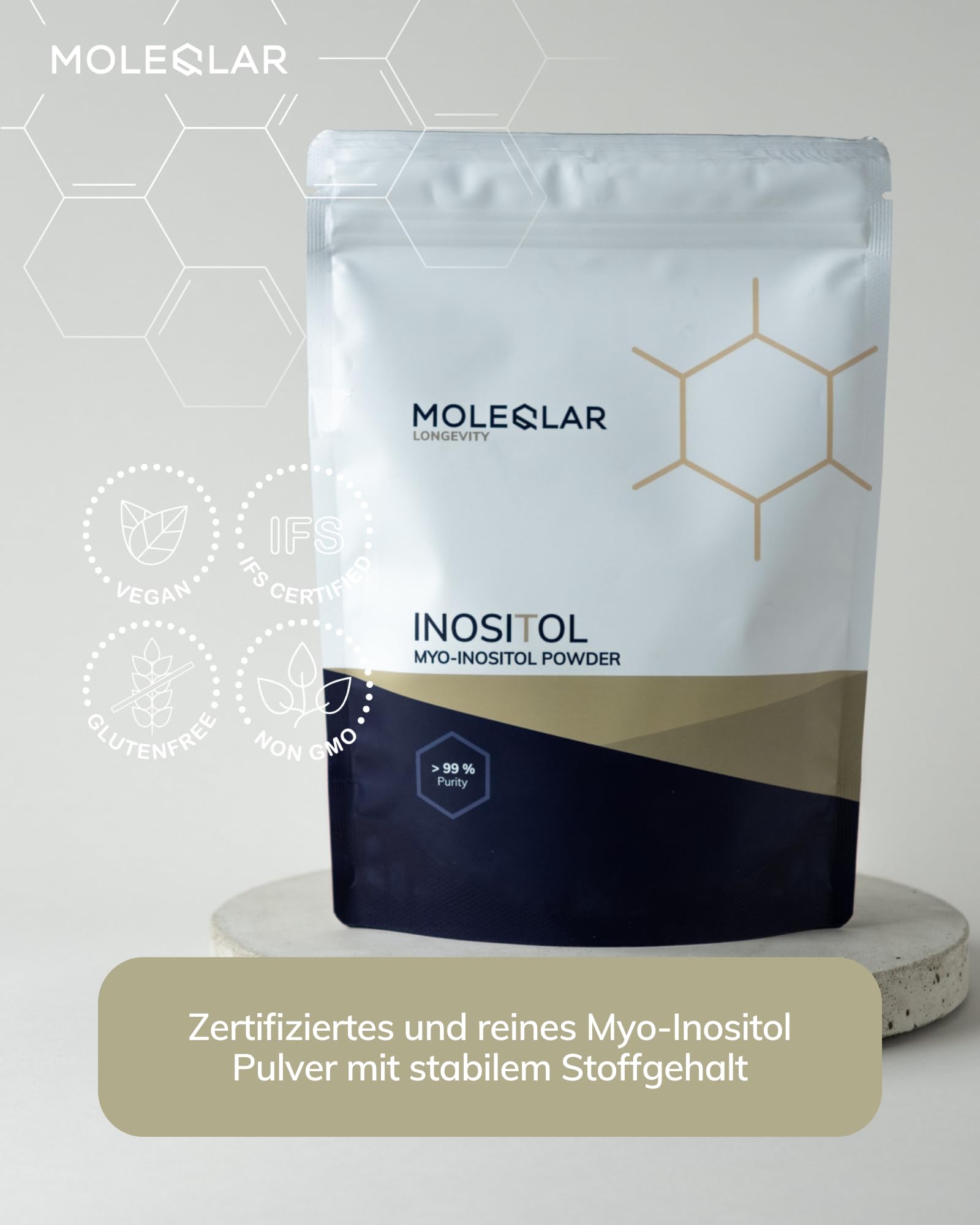 MoleQlar Myo-inositolo Polvere 300 grammi – Inositolo certificato e puro con contenuto di sostanza stabile – 5 grammi per porzione – Scorta per 60 giorni