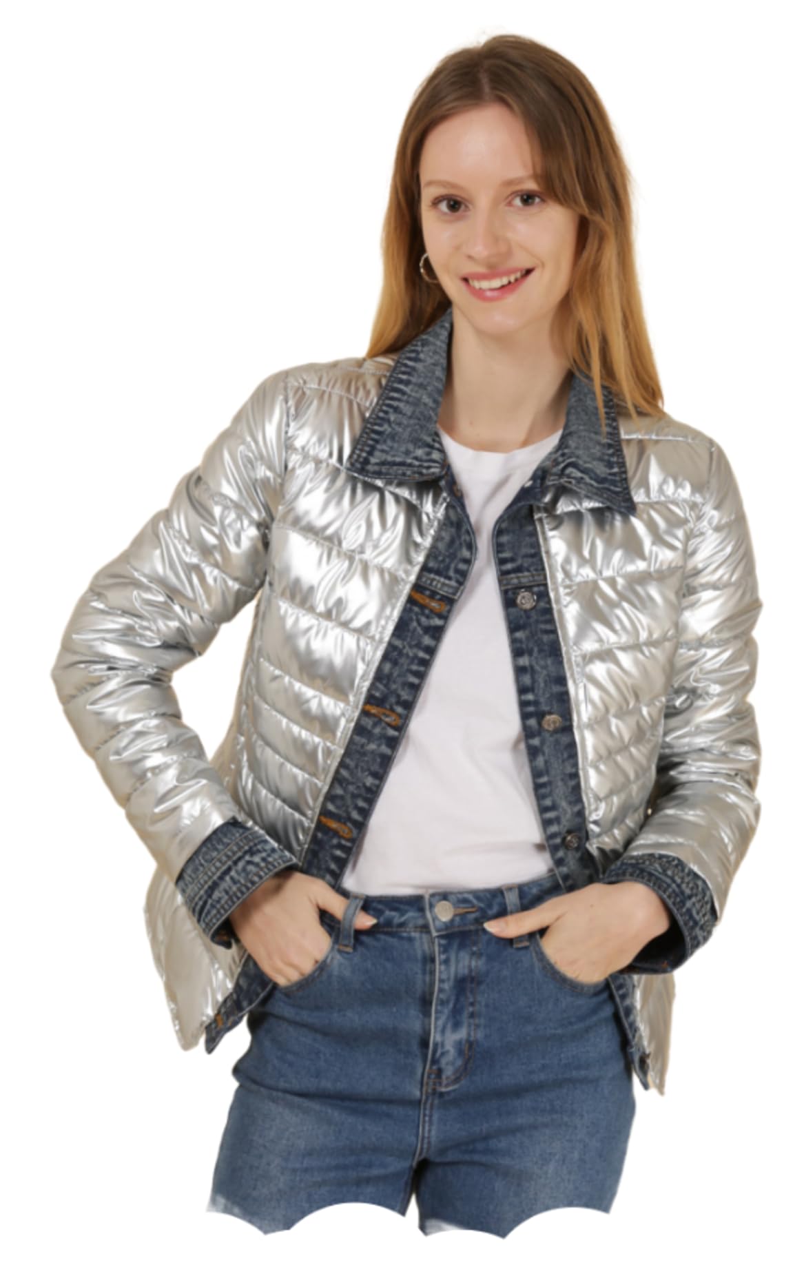 Miro Boho Chic New York 88 Veste matelassée pour femme bi-matière Denim et métallisé